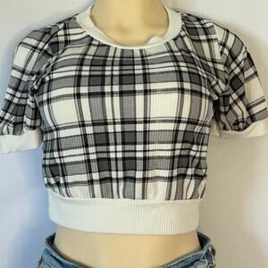 Caution to the Wind Plaid Crop Top Black White Puff Sleeve Y2K Size S